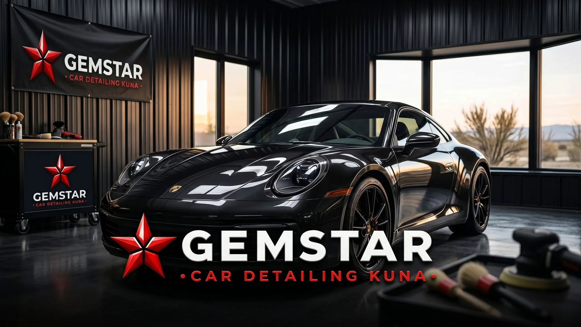 Detailed luxury vehicle in Gemstar shop bay, cinematic dark photography